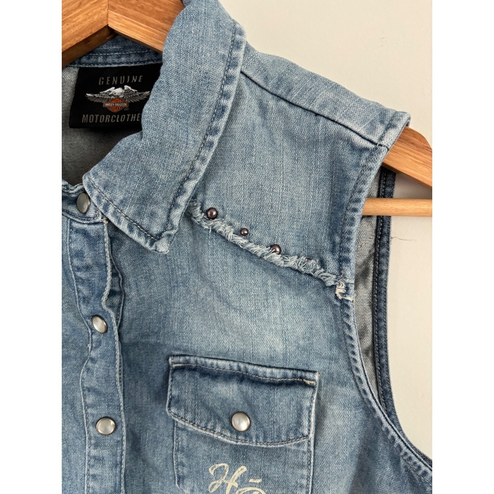 Harley Davidson Womens Denim Vest Light Wash American Flag Studded Frayed small - Picture 3 of 11